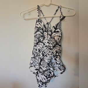 NWT Adore Me One Piece Black/White Butterfly Print Cut Out Swim Suit